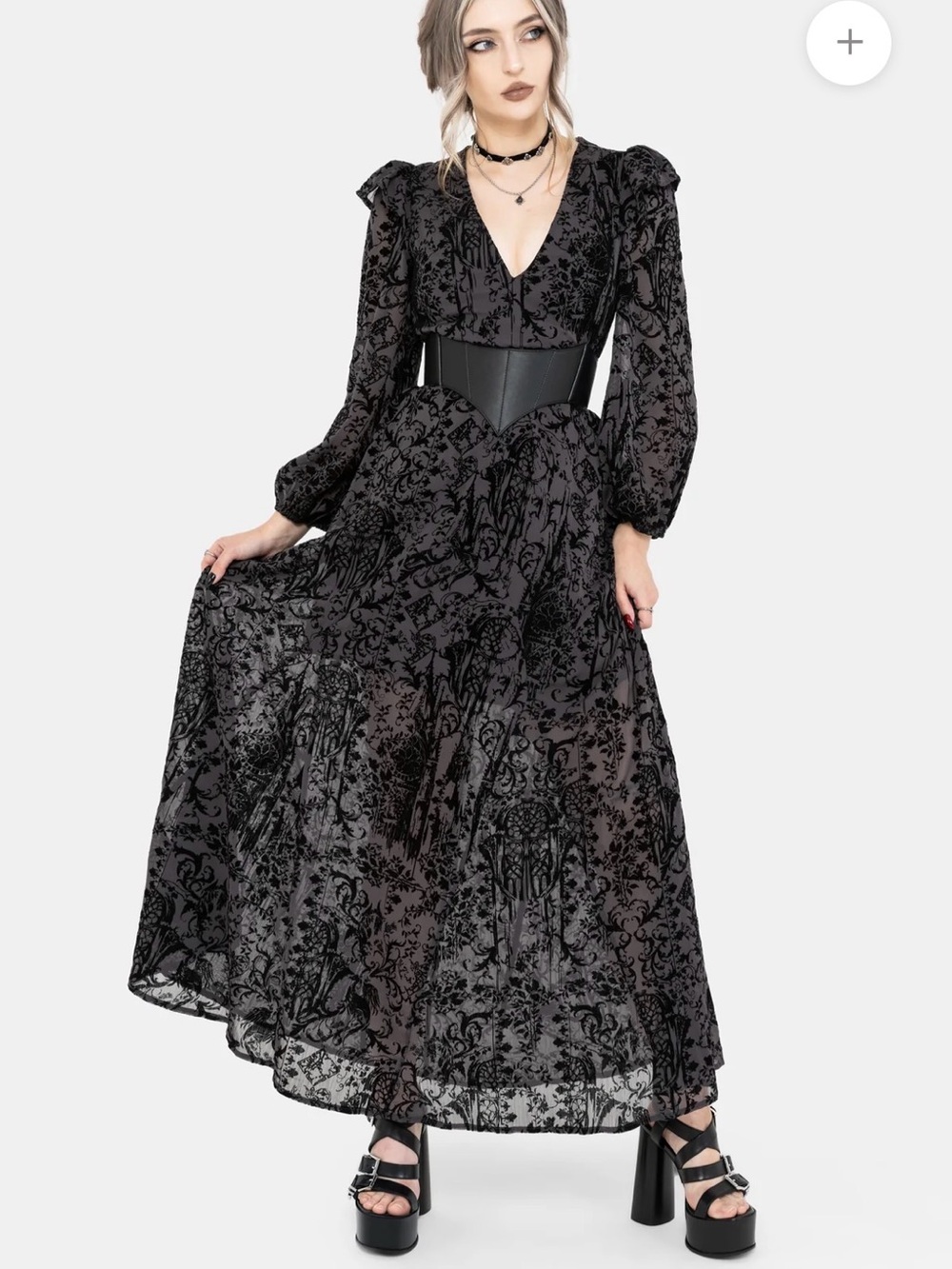 Thorned Flocked Chiffon Castle Print Frill Neck Maxi Dress - Picture 6 of 11